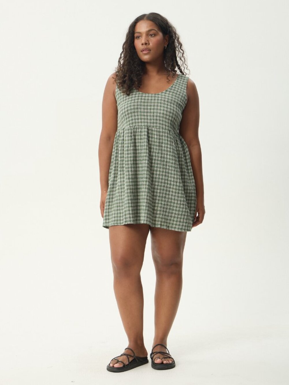 Afends Jesse Seersucker Mini Dress - Deep Green Check - Size Large